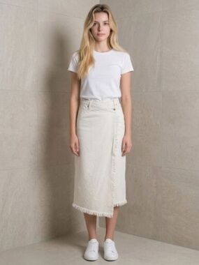 Jonathan Simkhai Standard Ecru Denim Wrap Midi Skirt Frayed Hem